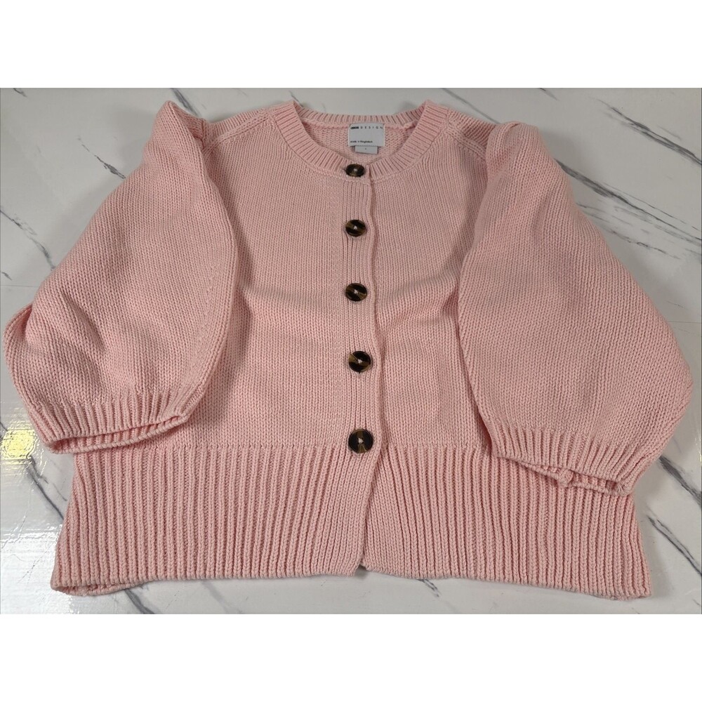 Asos Design Crew Neck Cardigan Puff Sleeve Button Pink Size Large